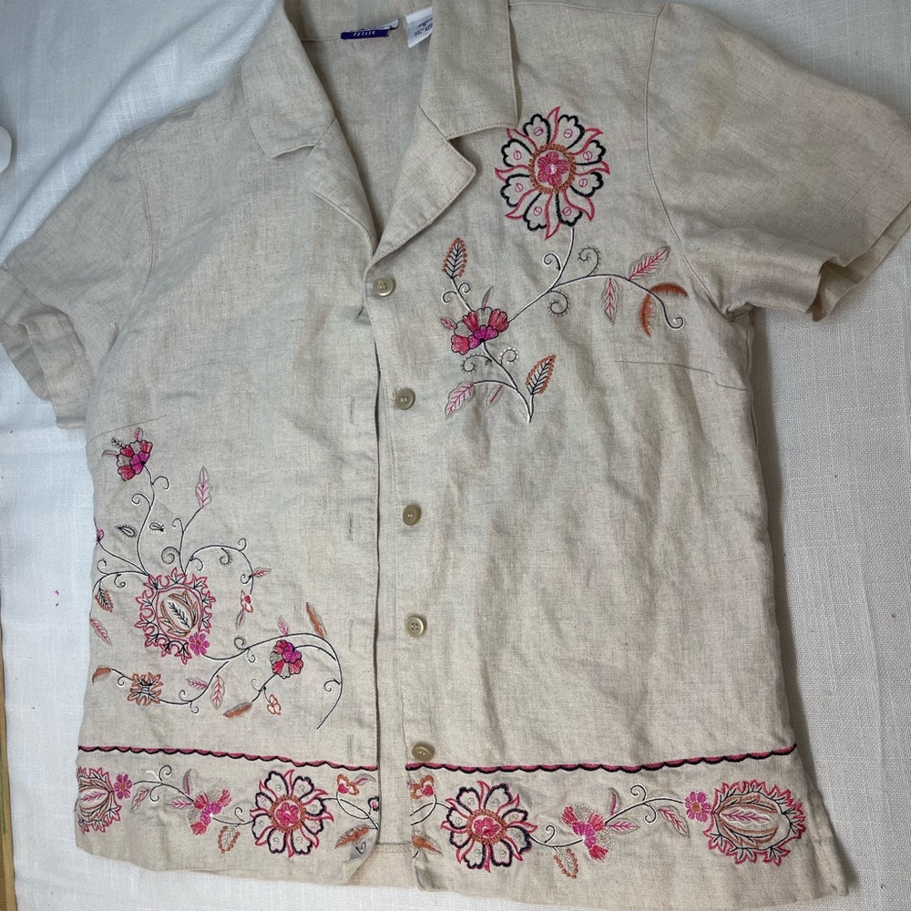 Linen 100% JM Collection Beige Floral Embroidered Button-Down Shirt